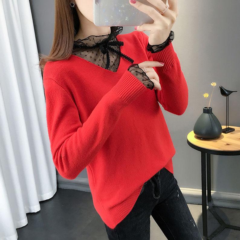 Spring and Autumn Fashion Sweater Lace Stitching Bottoming Shirt Women's Solid Color Long-sleeved Thin Knitwear