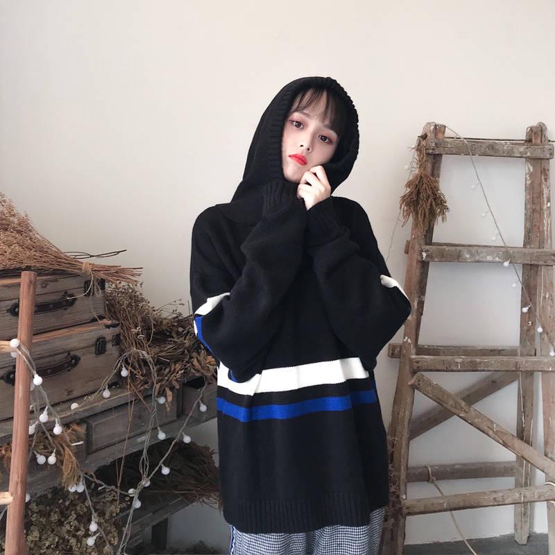 Pofulove Autumn Winter ins Hooded Sweater Schoolgirl Loose Harajuku bf Lazy Knit Pullover Top