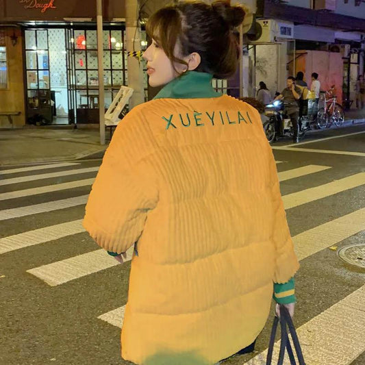 Corduroy Stitching Contrast Color Knitting Embroidery Down Padded Jacket Women's Thick Warm Bread Jacket Fashion Jacket Trend