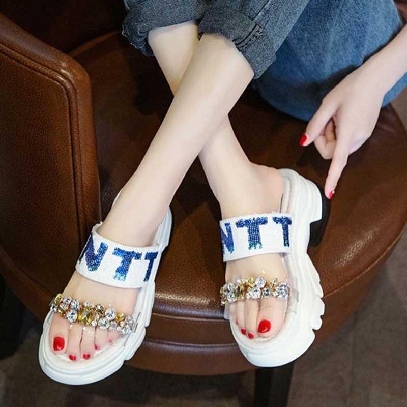 Size 35-39 Summer Women Shiny Slippers Bohemian Beach Wear-resistant Non-slip Slippers Wedge Platform Rhinestone Sandals Outdoor Crystal High Heels