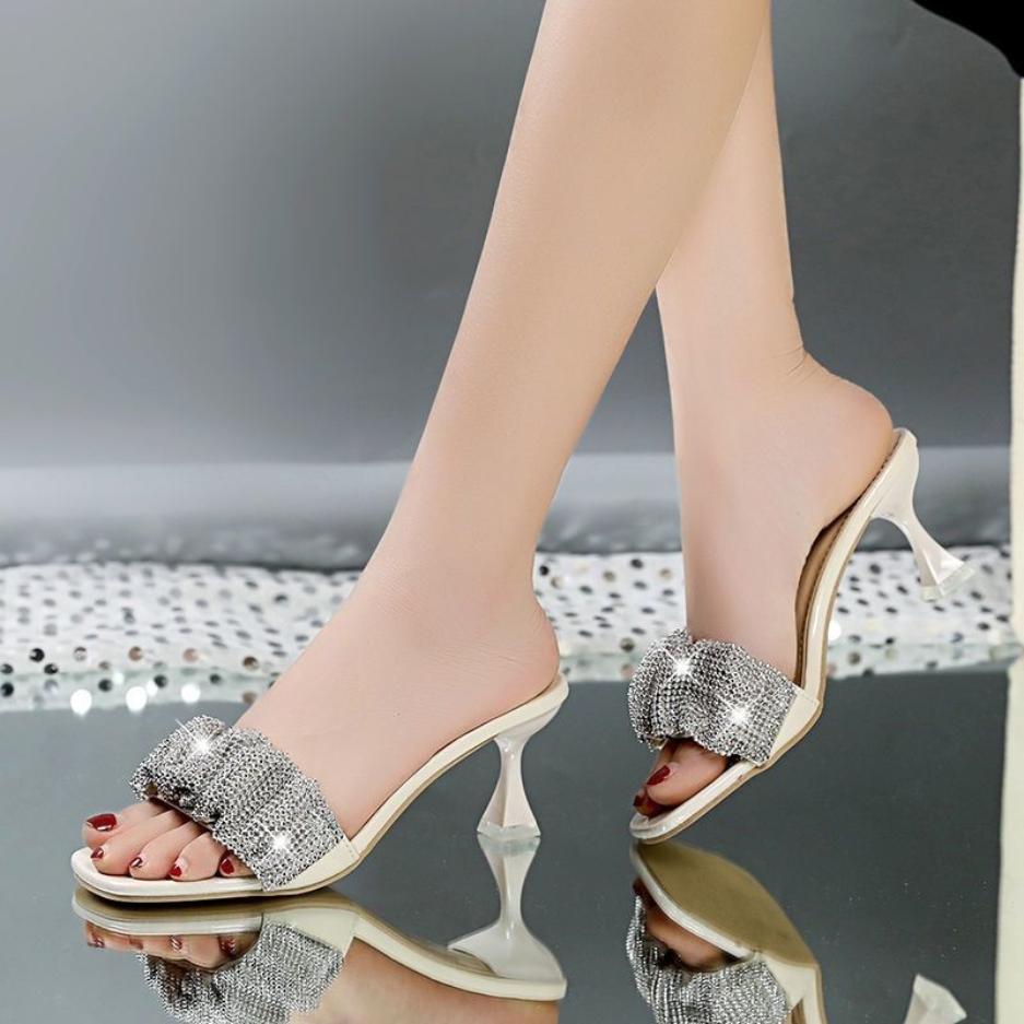 High-heeled Slippers Women's All-match Rhinestone Sandals and Slippers Temperament Stiletto Medium Heel Flip Flops