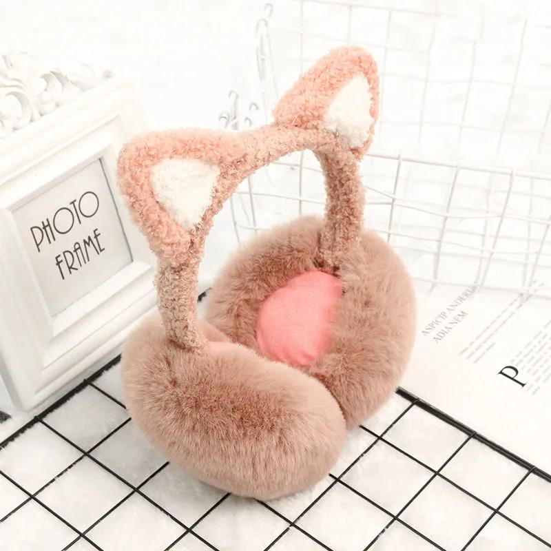 Women's Cute Cat Ears Foldable Earmuffs Korean Style Plush Ear Muffs Thickened Cold-proof Cartoon Earflap Winter Plush Ear Pad Cover Ear Protection