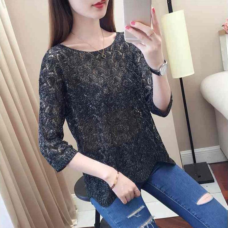 Women's Thin Hollow Knitted Sweater Three-quarter Sleeve Bottoming Shirt Loose Pullover Hollow Short-sleeved Sunscreen Top