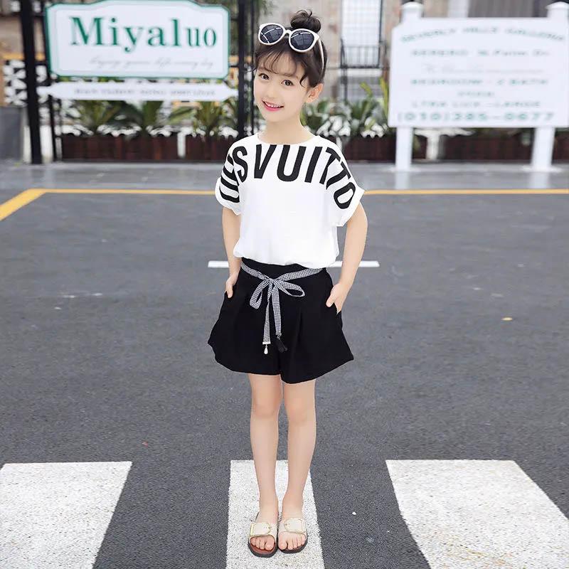 Girls Summer Suit Fashion Short-sleeved T-shirt Lace-up Shorts Cool Breathable Sweat-absorbing Comfortable Skin-friendly Children's Two-piece