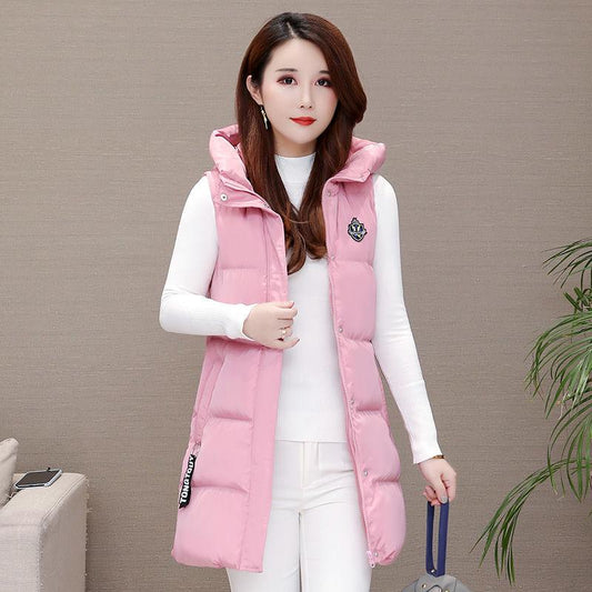 Mid-length Slim Down Cotton Vest Autumn and Winter Fashion All-match Jacket Casual Hooded Women's Vest