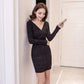 Autumn and Winter Knitted Dress Women V-neck Sexy Wrap Sweater Dress Shiny Bodycon Dress
