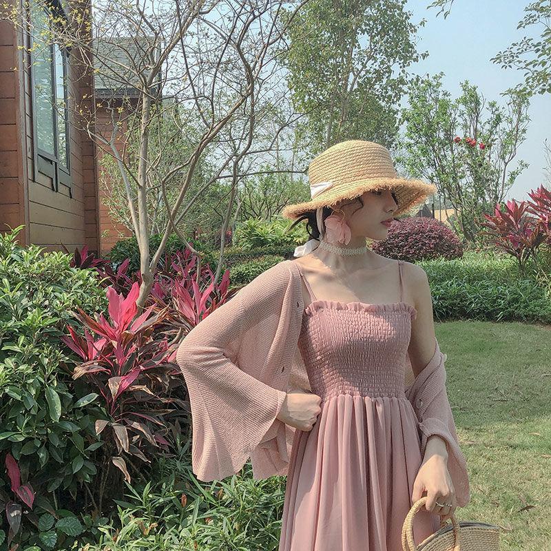 Women Sexy A-line Skirt Sling Dress Mid-length Chiffon Veil  Sleeveless Ruffled Folds Tube Top Party  Dress