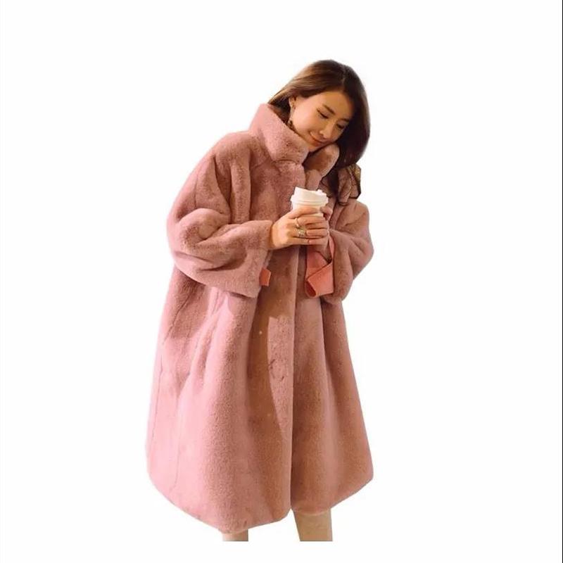 New Autumn and Winter Artificial Mink Fur Loose Coat Ladies Lamb Fur Coat Mid-length Warm and Cold-proof Plus Velvet Coat Plus Size Women's Clothing