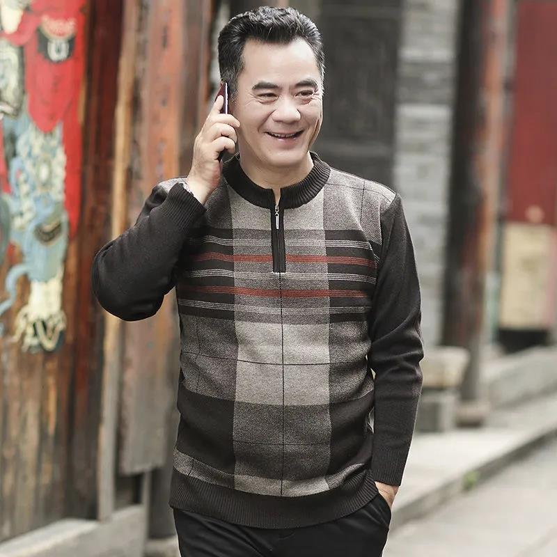Autumn and Winter Half-height Zipper Neck Sweater Plus Velvet Warm Pullover Sweater Knit Sweater Suitable for Middle-aged and Elderly People