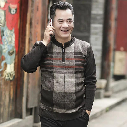 Autumn and Winter Half-height Zipper Neck Sweater Plus Velvet Warm Pullover Sweater Knit Sweater Suitable for Middle-aged and Elderly People