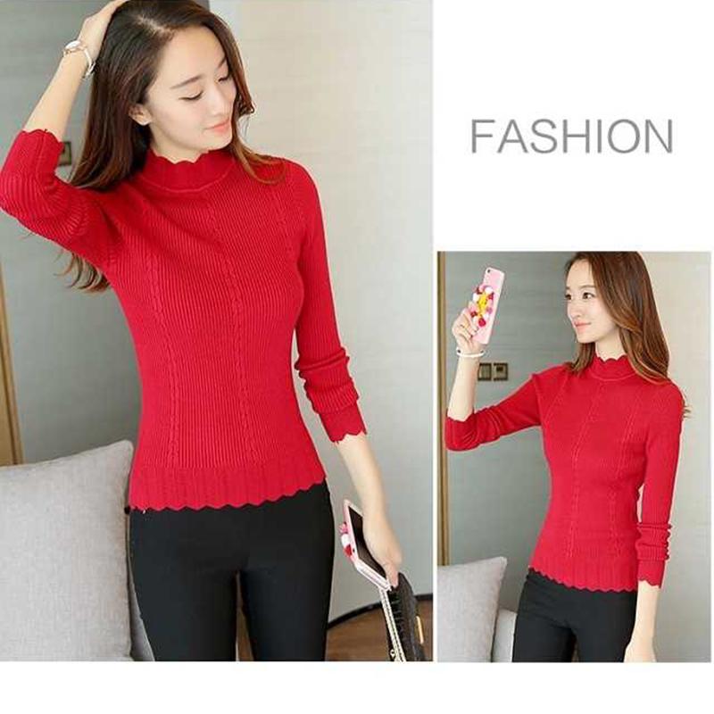 Autumn and Winter Thickened Half Turtleneck Sweater Women Warm Short Ruffled Solid Color Knitted Bottoming Shirt