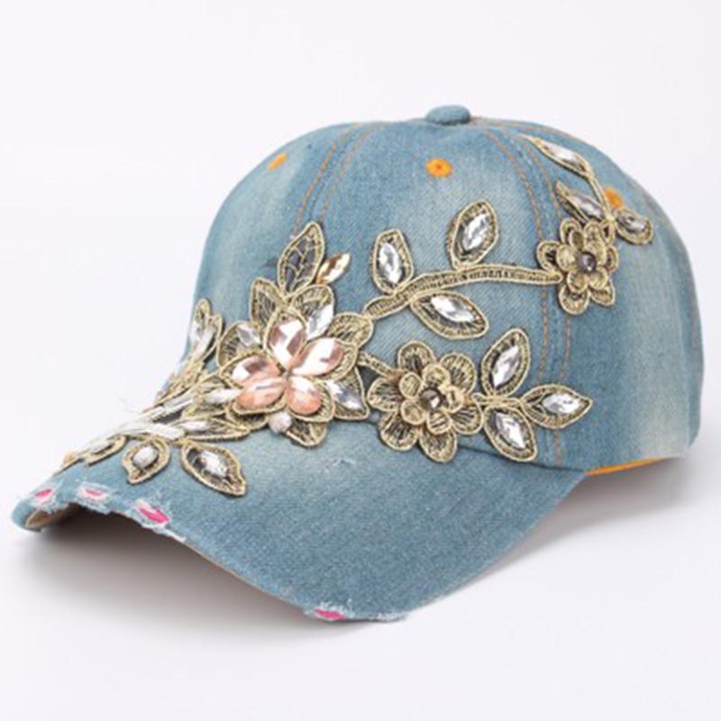 Spring New Shiny Fashion Women Diamond Flower Baseball Cap Lady Rhinestone Jean Ha