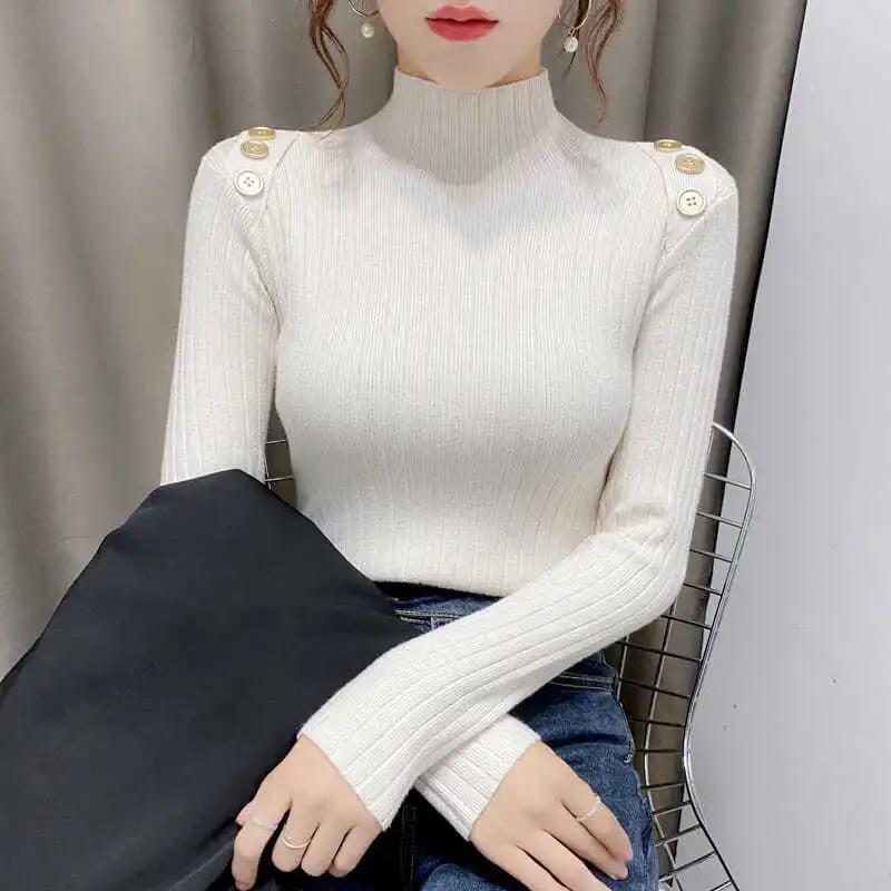 Half Turtleneck Button Sweater Women's Large Size Loose Pullover Bottoming Shirt Thickened Warm Knit Sweater