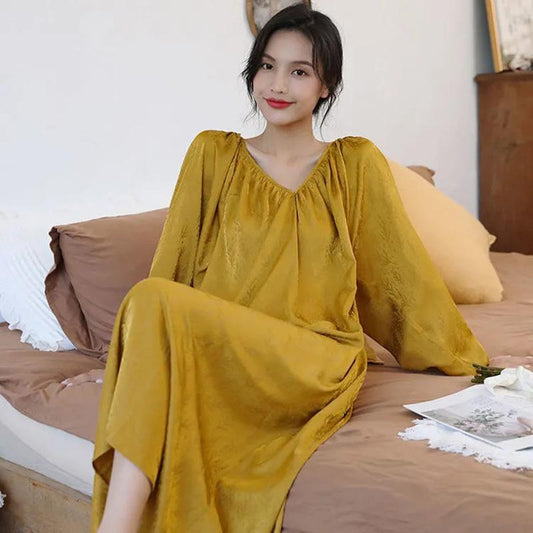Women's Autumn Nightdress Ice Silk Backless Comfortable High Quality Pajamas Sexy Deep V Homewear Out Wear Loose Solid Color Printing Nightdress