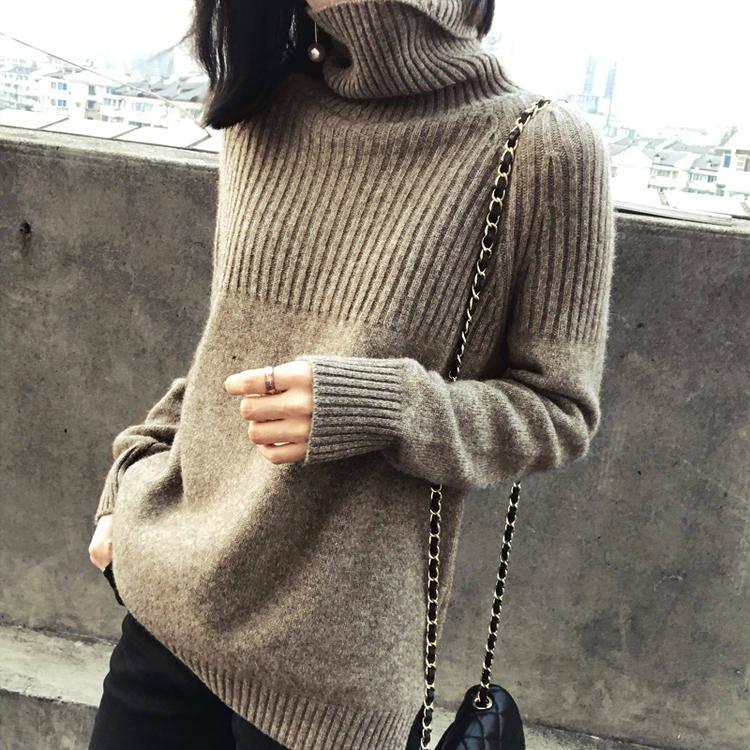 Pofulove Autumn Winter Base Shirt Sweater Turtleneck Loose Large Size Thick Solid Color Wild Women