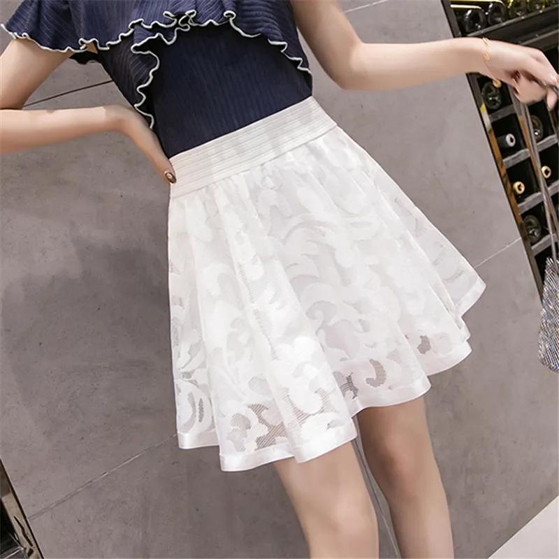 Women's Pleated Skirts Female Summer Elastic High Waist Short Ball Gown Skirt Girl's Solid Color Lace A-line Mini Skirts