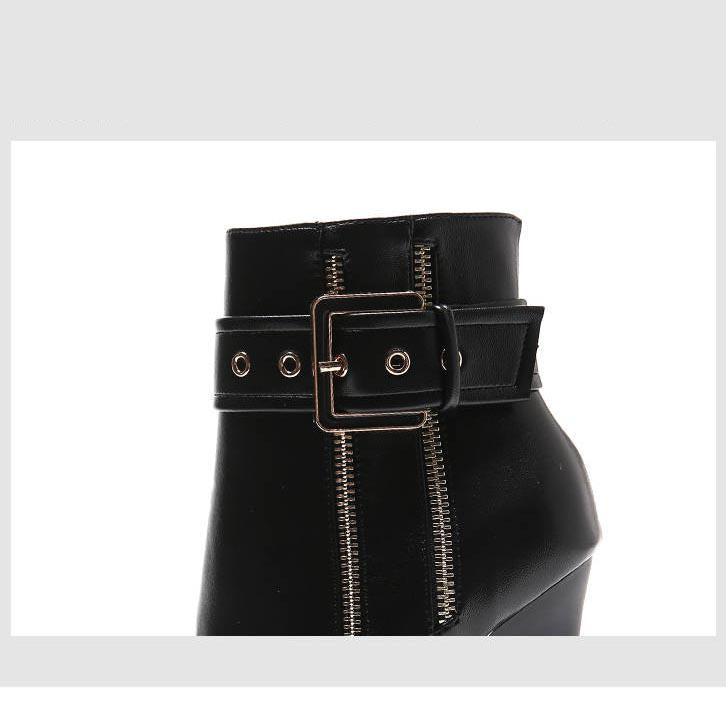 Women Mid Calf Boots Pointed Toe Zippers Martin Casual Lace-up High Heel Boots Ankle Boot Winter