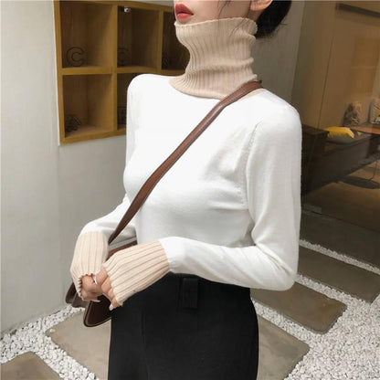 Pofulove Women Turtleneck Hit Color Sweater Long-sleeved Knitted Bottoming Shirt Autumn Winter