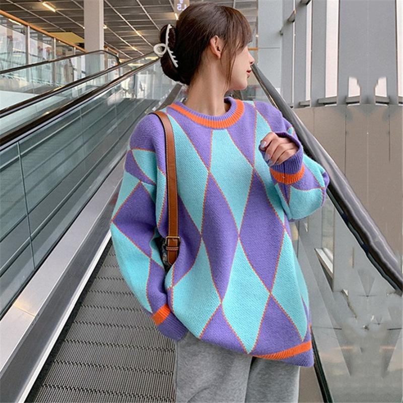 Women Retro Loose Sweater Color Block Diamond Check Pullover Sweater Round Neck Knit Jumpers Top Outwear