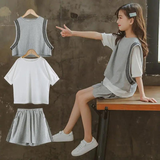 Girls' Casual Sports Suits, Summer Clothes, Big Children's Fashion, Net Red, Western Style, Loose Cotton Three Pieces