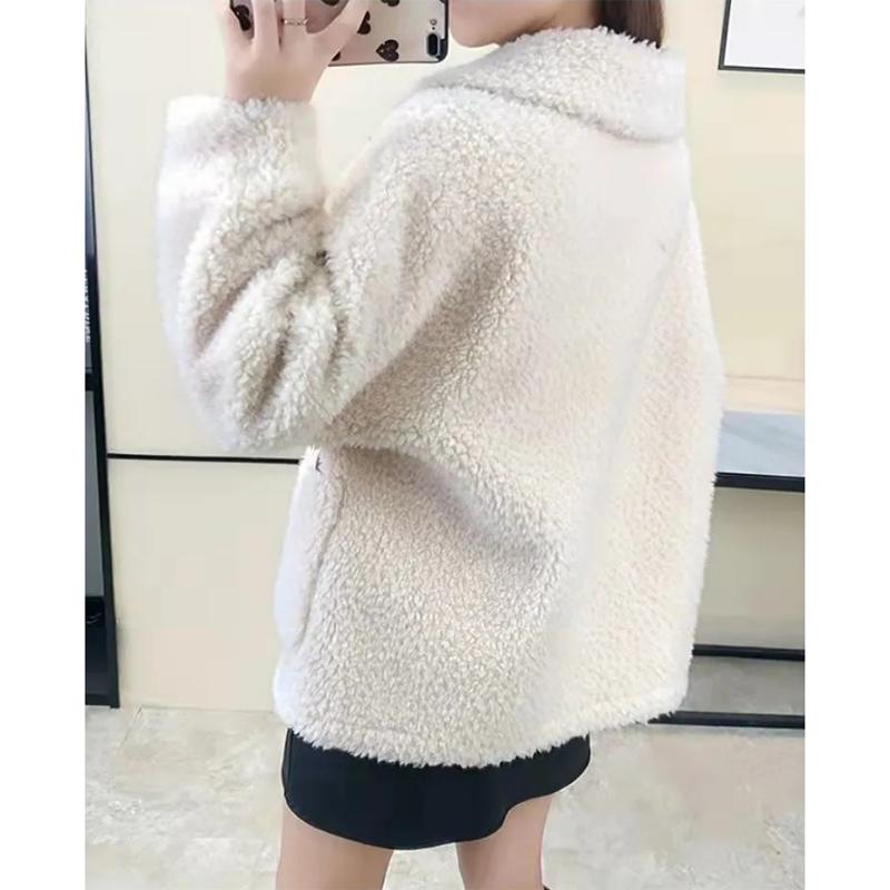 Women's Lamb Wool Coat Horns Buckle Sheared Wool Winter Korean Style Thick Square Collar Not Shed Hair Lapel Casual Loose Grain fleece Jacket Coat