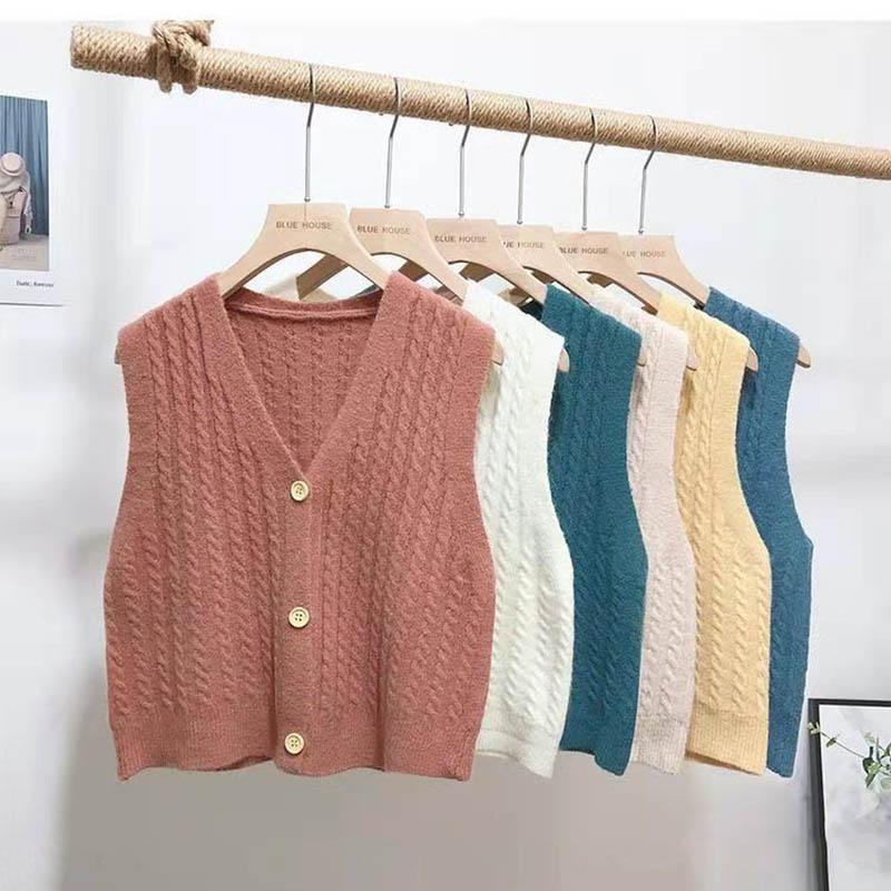 Solid Color V-neck Single-breasted Knitted Cardigan Vest Women's Early Spring and Autumn Winter Style Korean Fan Retro Style Outer Vest Vest