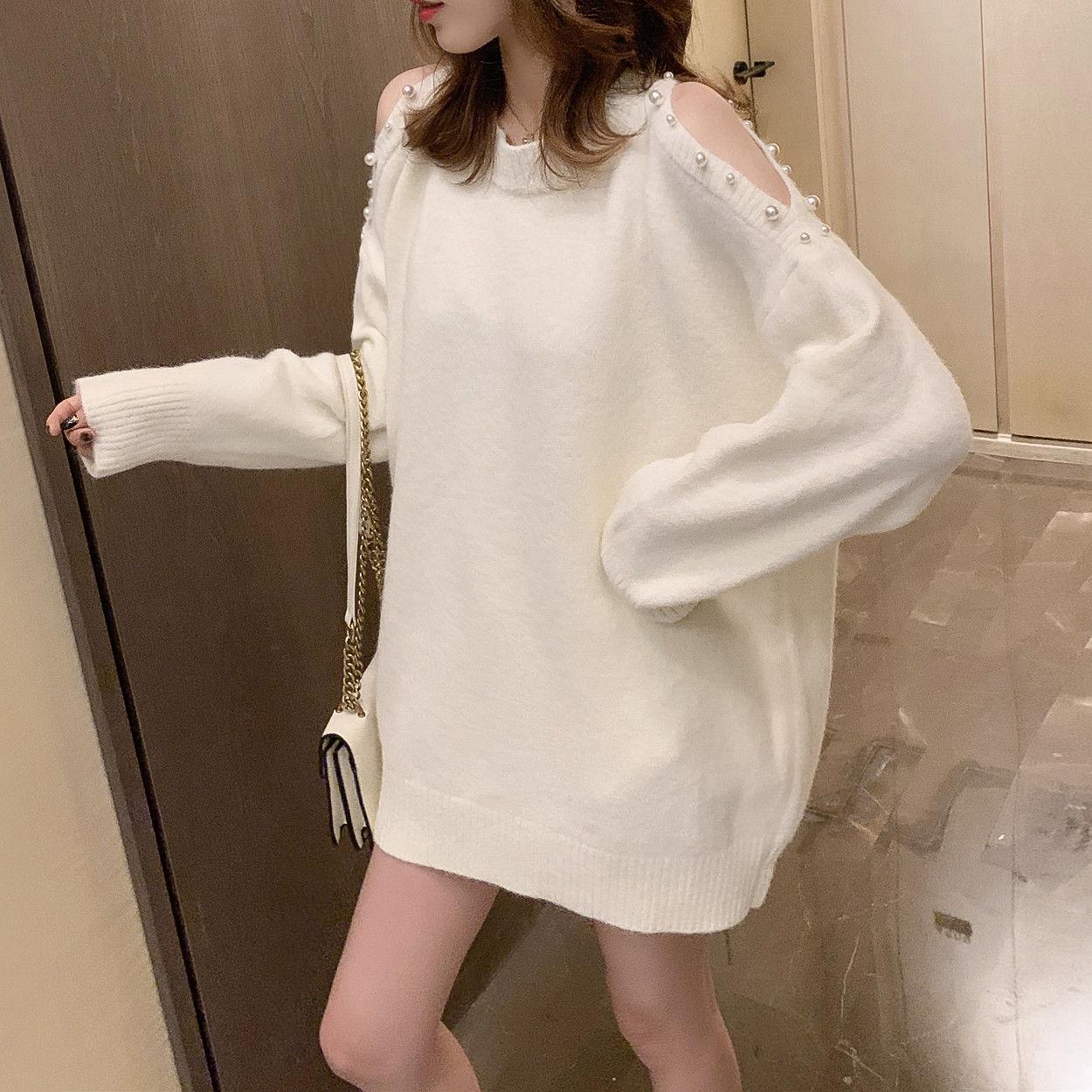 Autumn Loose One-piece Bodysuit Dress Design Sense Beading Strapless Sexy Sweater Pullover Round Neck Long-sleeved Jacket Mid-length Sweater Top