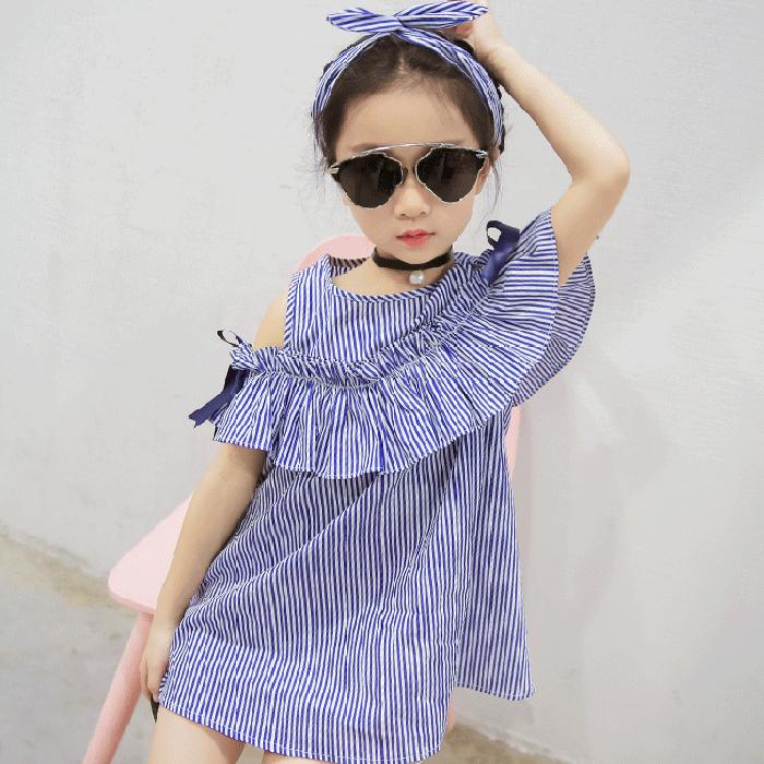 Summer Toddler Kids Baby Girls Lovely Clothes Blue Striped Off-shoulder Ruffles Party Gown Formal Dresse