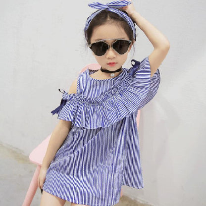 Summer Toddler Kids Baby Girls Lovely Clothes Blue Striped Off-shoulder Ruffles Party Gown Formal Dresse