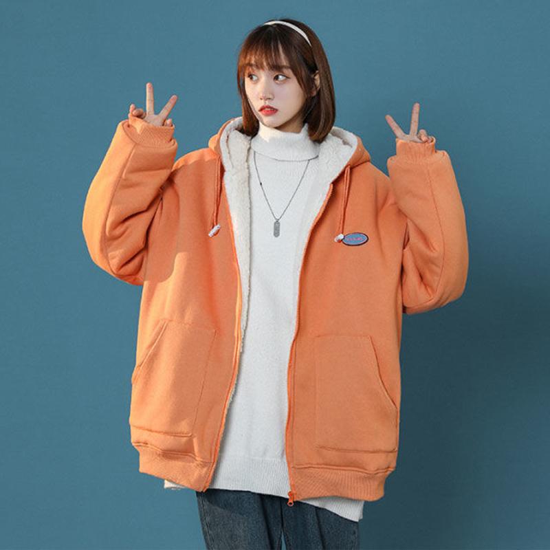 Zipper Cardigan Lamb Plush Hooded Sweater Plus Velvet Thick Winter Loose Jacket Casual Top Comfortable Sports Top Warm Cotton Clothes