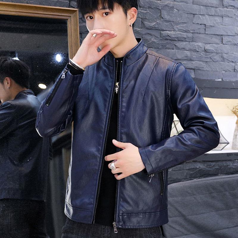 Men's Leather Jacket Trend Handsome Stand-up Collar Motorcycle Clothing Youth Autumn and Winter Plus Velvet Padded Jacket