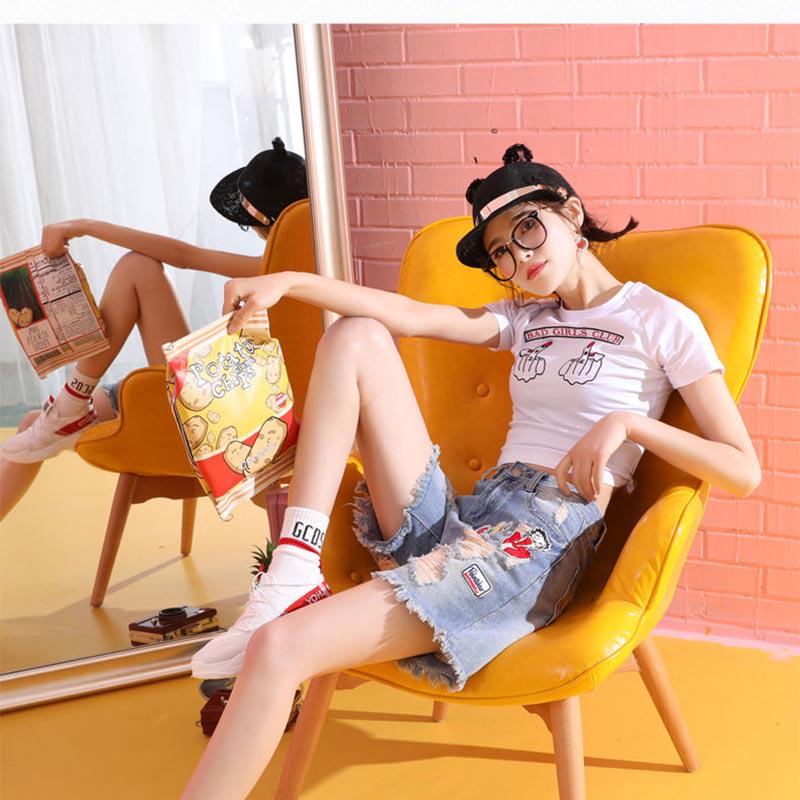 WTEMPO Denim Shorts Women's High Waist Straight Trousers Were Thin and Broken Holes Denim Five-point Pants