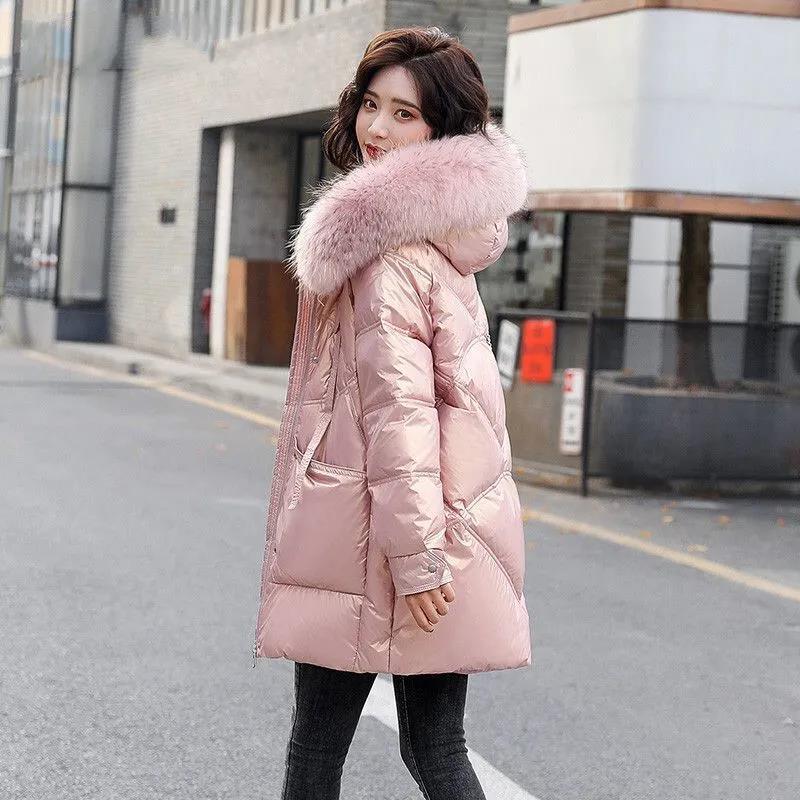Winter Down Padded Jacket Women Mid-length Large Fur Collar Loose Thick Padded Coat Women Bright Face Disposable