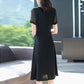 L-5XL Spring Summer Chiffon Dress Large Size V-neck See-through Mesh Short-sleeves Temperament Slim Black Skirt Female Bow Strap A-line Dress
