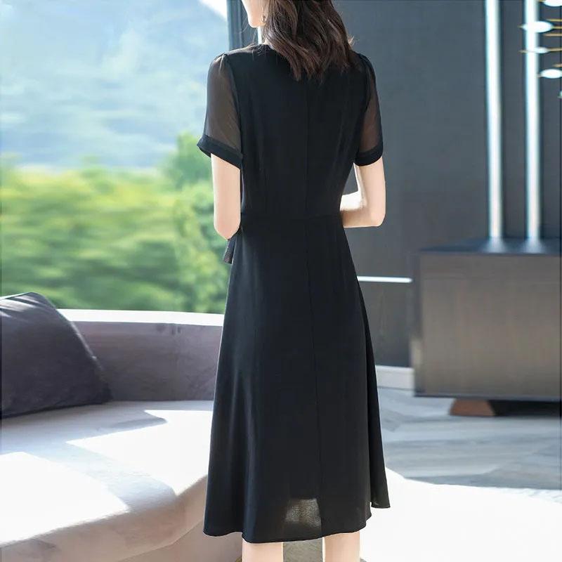 L-5XL Spring Summer Chiffon Dress Large Size V-neck See-through Mesh Short-sleeves Temperament Slim Black Skirt Female Bow Strap A-line Dress