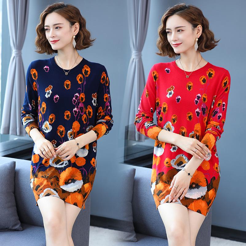 Mid-length Autumn and Winter Women's Printed Sweater Round Neck Casual Sweater Fashion Casual Long Sweater