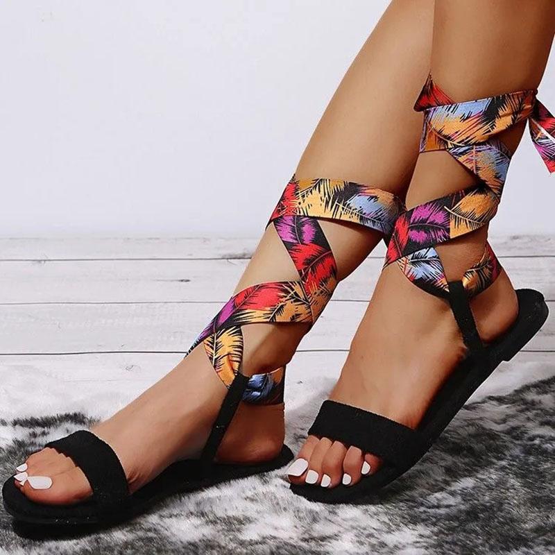 Summer Satin Printed Ladies Cross Strap Flat Sandals Comfortable Non-Slip Beach Flat Shoes Boho Sandals