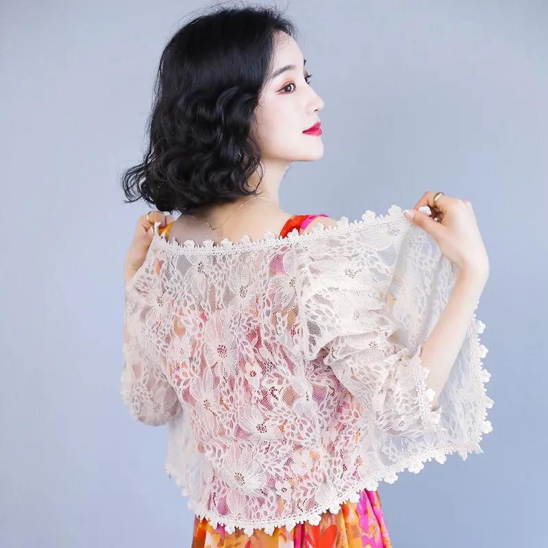 Summer Short Coat Hollow Out Lace Cardigan Women Solid Color Thin Shawl  Sun Protection