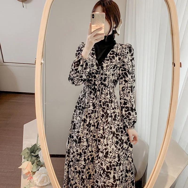 Women's Spring and Autumn Long Sleeve A-Line  Print Floral Dresses Mid-Calf V-Neck High Waist Mid-length Skirt
