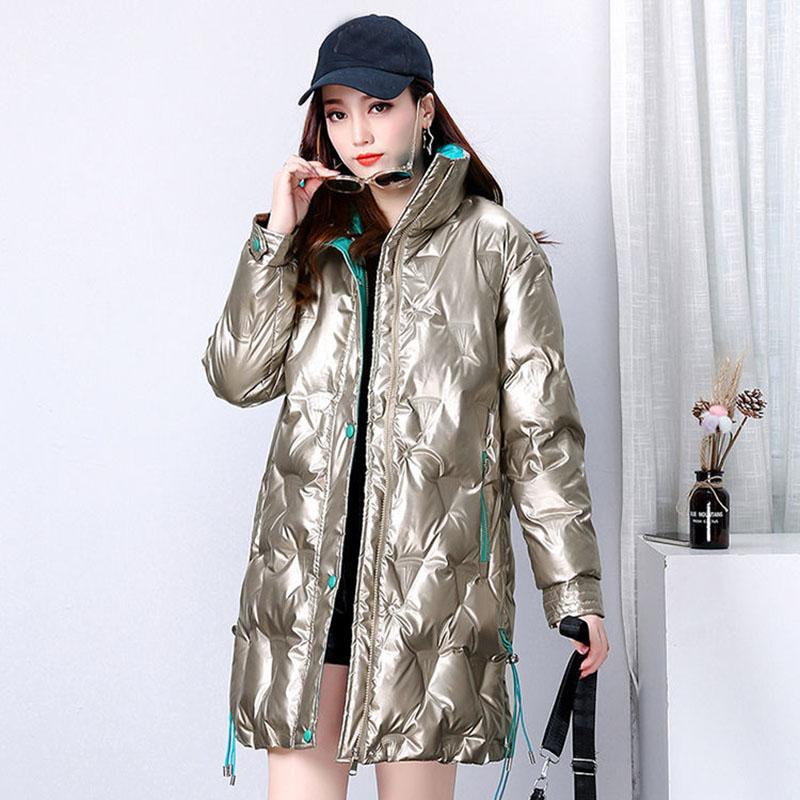 Shiny Winter Jacket Women Mid-length Stand-up Collar Thick Warm Loose  Padded Jacket Windproof Drawstring Ladies Coats