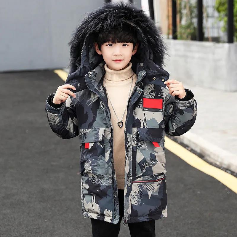 Boys' Cotton Coat Big Children's Winter Coat Medium and Long Camouflage Printed Padded Jacket with Hood and Velvet Padded Down Jacket