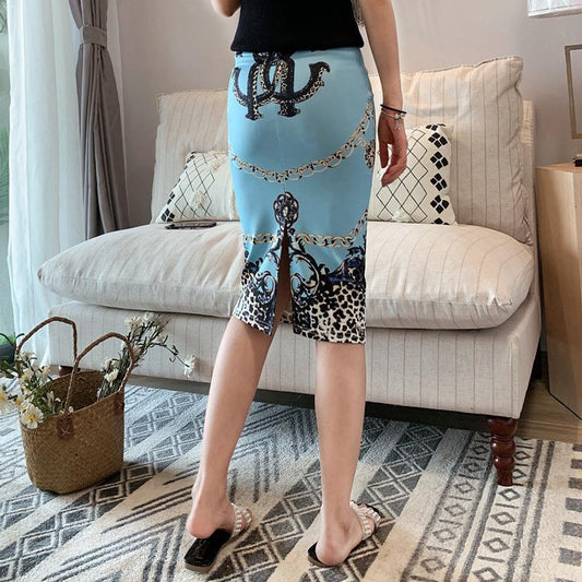 Women Gemetroc Printed  High Waist Elasticity Slim Office Lady Pencil Skirts Summer Cool Breathable  Knee-length Skirt with Slit