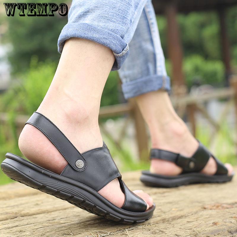 Leather Sandals Fashion Men Clip Toe Casual Shoes Beach Slip On Flat Slippers