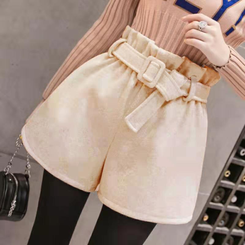 High Waist Ladies Woolen Bootcut Short Pants Casual Zipper  Wool Shorts Solid Pockets Large Size