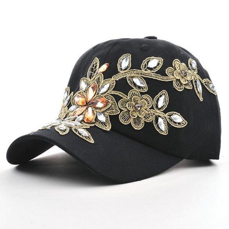 Spring New Shiny Fashion Women Diamond Flower Baseball Cap Lady Rhinestone Jean Ha