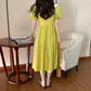 Women's Summer Long Dress Round Neck Puff Sleeves Solid Color V-Neck Dress