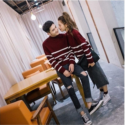 Autumn and Winter Casual Sweater Striped Pattern Loose Top Men and Women Half High Neck Lover's clothes