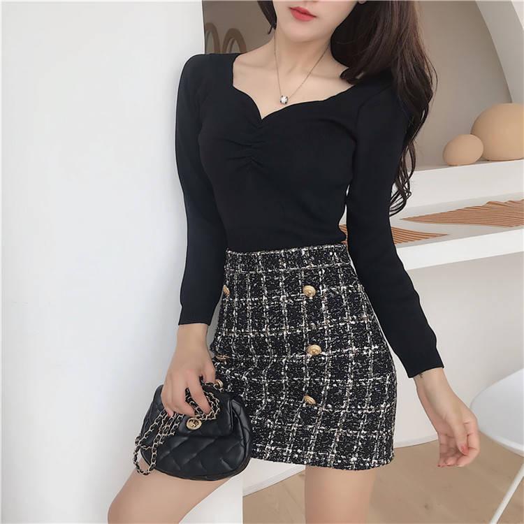 Sexy Low-neck Pullover Long Sleeve Short Sweater Women Open Navel  Slim Waist Knitwear