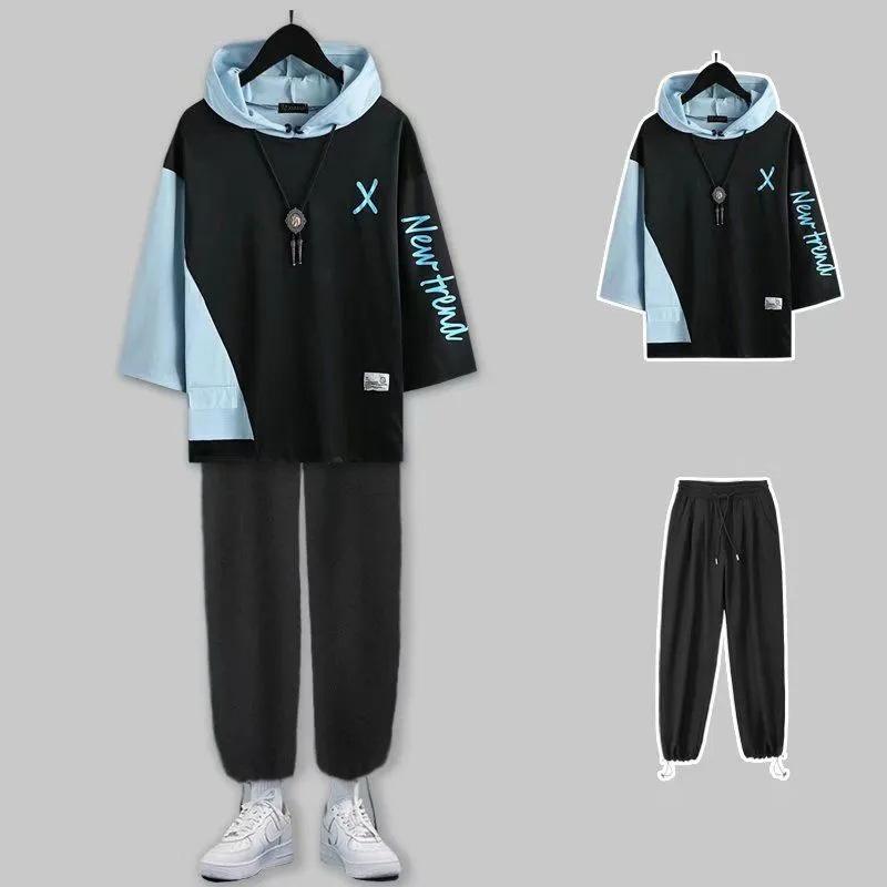 Summer Short-sleeved Suit Male Student Korean Version Trend Loose Hooded Three-quarter Sleeve Top Hong Kong Style Sports Pants Two-piece Set