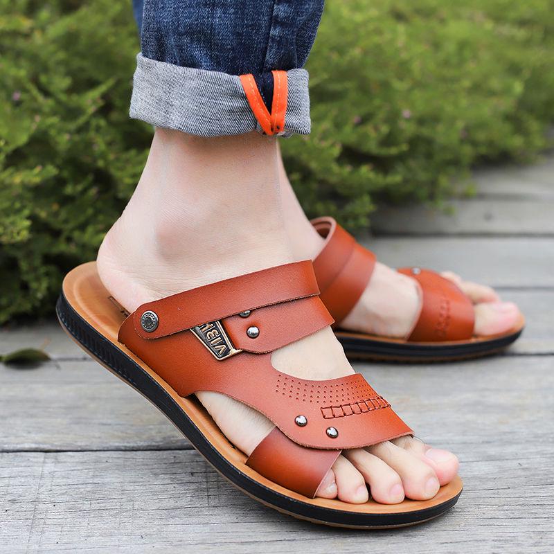 Wearable Leather Sandals Summer Men's Slippers Non-slip Driving Beach Shoes Herringbone Sandals Men